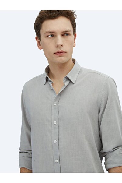 Kip Ανοιχτό γκρι ίσιο πουκάμισο με κανονική εφαρμογή, υφαντό casual 100% βαμβακερό πουκάμισο