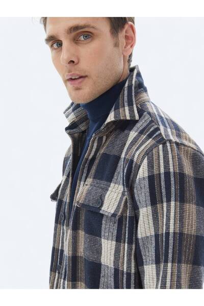 Kip Тъмносиня плетена риза с вълнена смес на каре, стандартна кройка