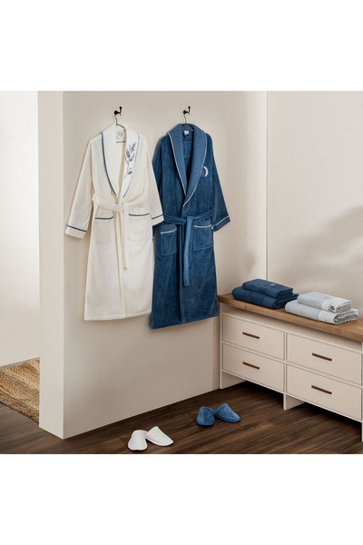 Ecocotton Derin Aile Bornoz Seti %100 Organik Pamuk Nakışlı Krem/Mavi - M/L