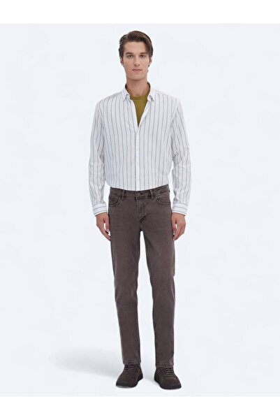 Kip Kahverengi Düz Slim Fit Denim Pamuk Karışımlı Pantolon