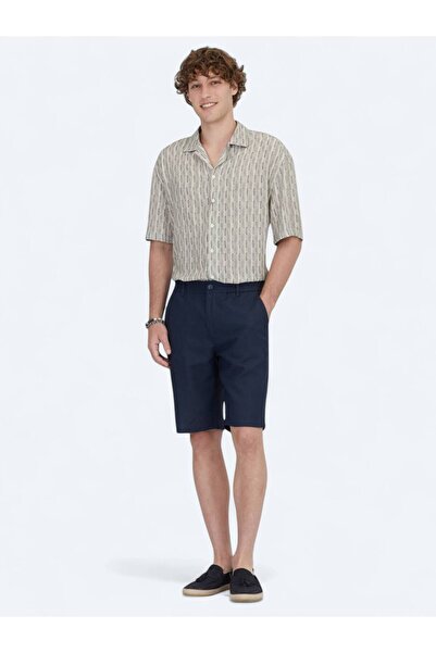 Kip Navy Blue Woven Jogging Fit Casual Cotton Blend Bermuda Shorts