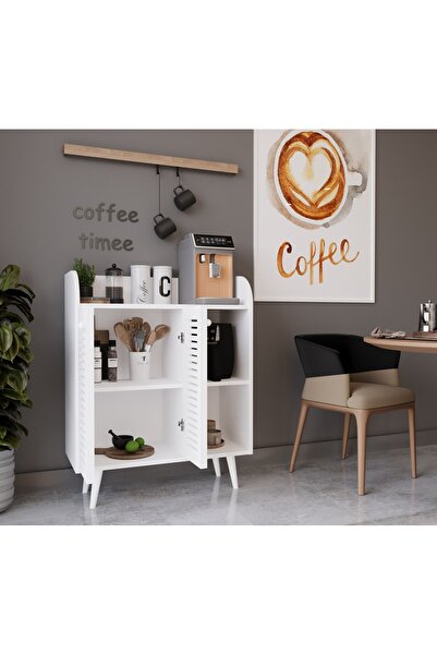 enwood MAGNETAR BEYAZ MDF KİLER DOLABI AHŞAP AYAKLI PANJUR KAPAKLI-RAFLI