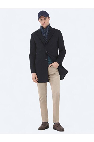 Kip Lacivert Regular Fit Kelebek Yaka Klasik Dokuma Palto