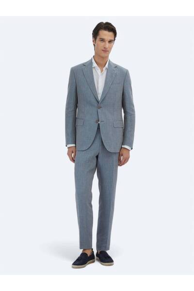 Kip Koyu Mavi Çizgili Modern Fit %100 Keten Takım Elbise