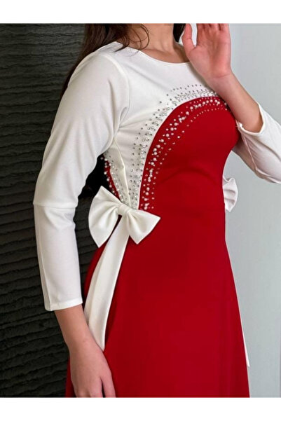 Nice Model Pearl Embellished Midi Dress with Belted Waist & Color Block Design - Elegant Evening Wear