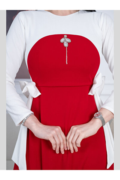 Nice Model Elegant Red & White Color Block Midi Dress with Waist Tie & Stone Detail