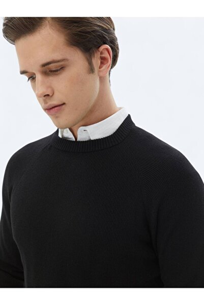 Kip Siyah Bisiklet Yaka Desenli Triko Kazak