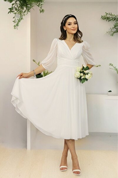 BDR COMPANY DİRSEK KOLLU KOL UCU LASTİKLİ KRUVAZE YAKA MİDİ ŞİFON NİKAH NİŞAN...