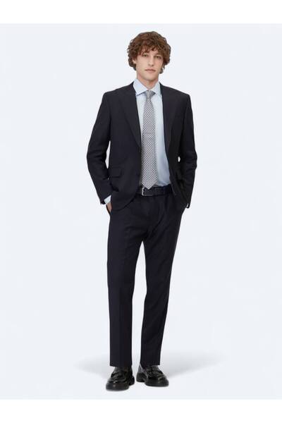 Kip Lacivert Düz Modern Fit Yün Karışımlı Takım Elbise