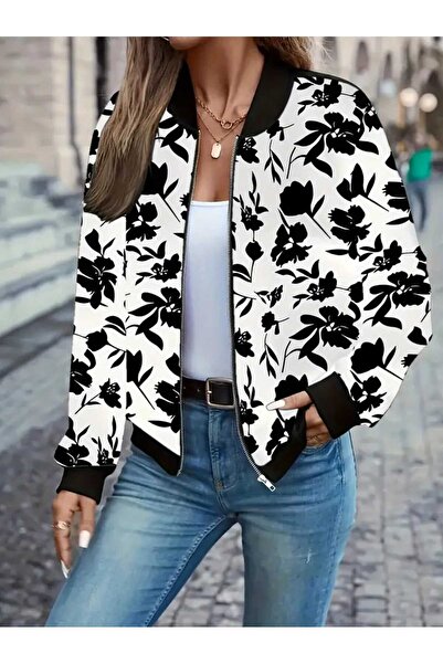 Etos Γυναικεία ζακέτα κομψή, με φλοράλ σχέδιο, φερμουάρ και μακρύ μανίκι.
