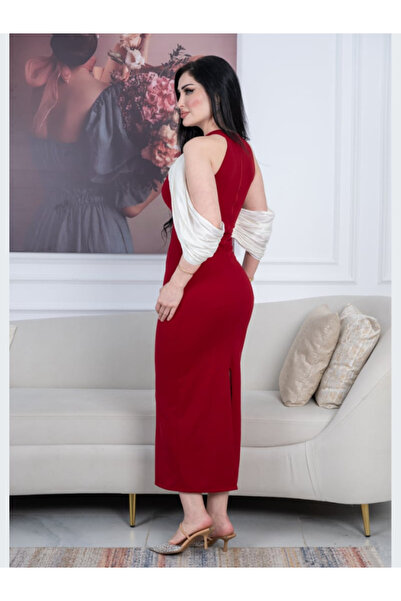 Nice Model Red Crepe Halter Midi Dress White Draped Shoulder Cape Evening Party Cocktail Formal