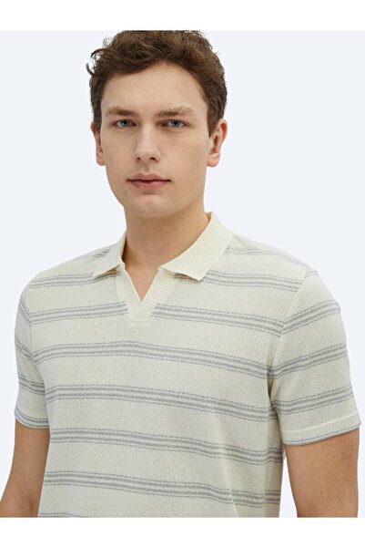 Kip Gray Striped Polo Neck Cotton Blend T-Shirt