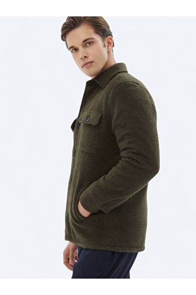 Kip Haki Regular Fit Gömlek Yaka Casual Örme Mont
