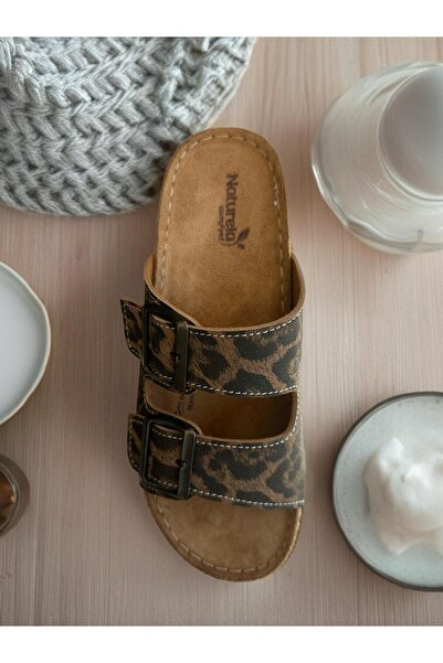 GEZER Women's High and Leather Sole Leopard Patterned Nubuck Slippers