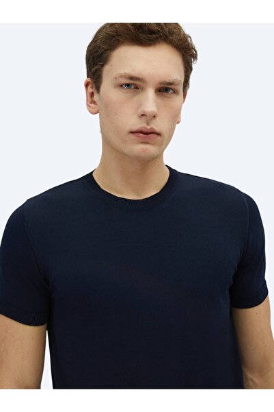 Kip Lacivert Bisiklet Yaka Düz Örgü Triko