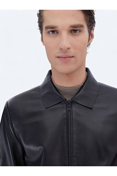 Kip Siyah Regular Fit Bebe Yaka Smart Casual Koyun Derisi Deri Mont