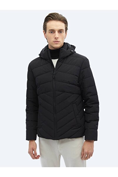 Kip Siyah Regular Fit Kapüşonlu Casual Dokuma Mont