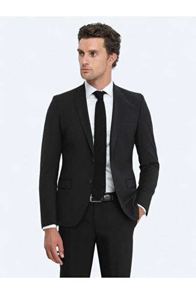 Kip Siyah Düz Slim Fit Yün Karışımlı Takım Elbise