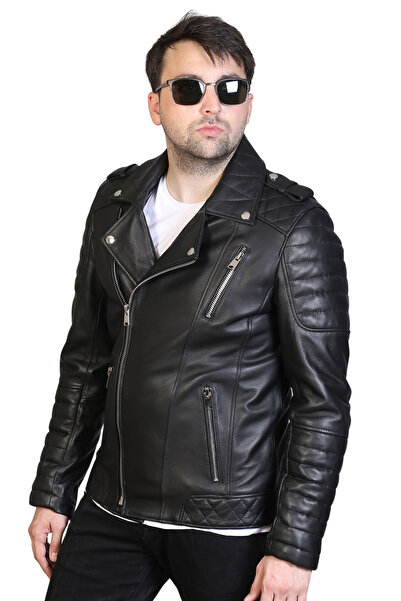 DERİJE Modric Genuine Leather Men's Black Biker Motorcycle Style Jacket