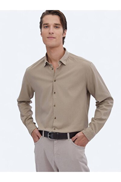 Kip Bej Düz Regular Fit Dokuma Casual Pamuk Karışımlı Gömlek