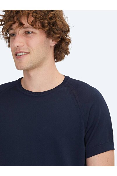 Kip Navy Blue Crew Neck Jacquard Knitwear