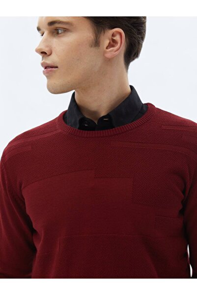 Kip Kırmızı Bisiklet Yaka Jakarlı Yün Karışımlı Triko Kazak