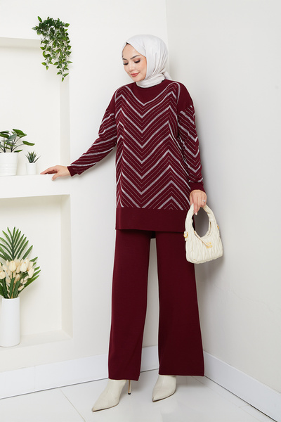 MODAQU Glittery Knitwear Tunic Trousers Set - Claret Red