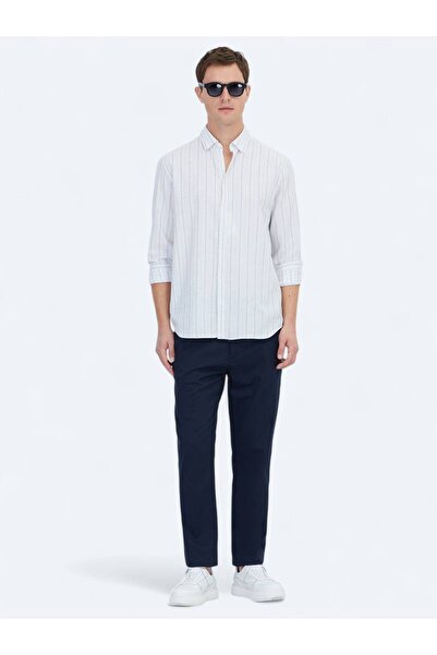 Kip Mavi Çizgili Regular Fit Dokuma Casual %100 Pamuk Gömlek