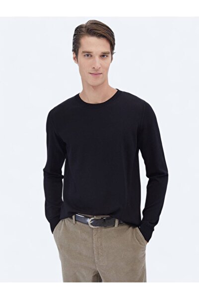 Kip Siyah Bisiklet Yaka Düz Örgü Triko Kazak