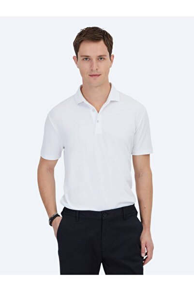 Kip Tricou alb cu gât polo din jacquard