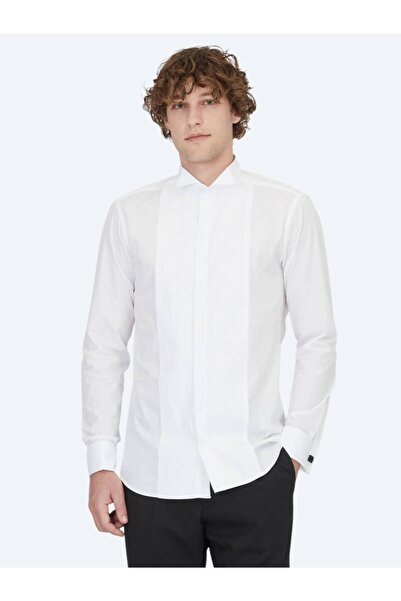 Kip White Plain Slim Fit Double Cuff Turtle Collar Tuxedo Shirt