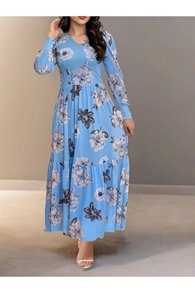 Bijuterria EQURİ Γυναικείο μακρυμάνικο φόρεμα με λαιμόκοψη σε σχήμα V με λουλ...