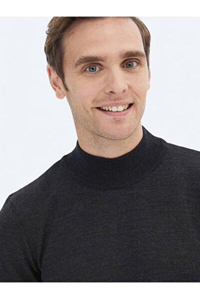 Kip Antrasit Yarım Balıkçı Yaka Düz Örgü Yün Karışımlı Triko Kazak