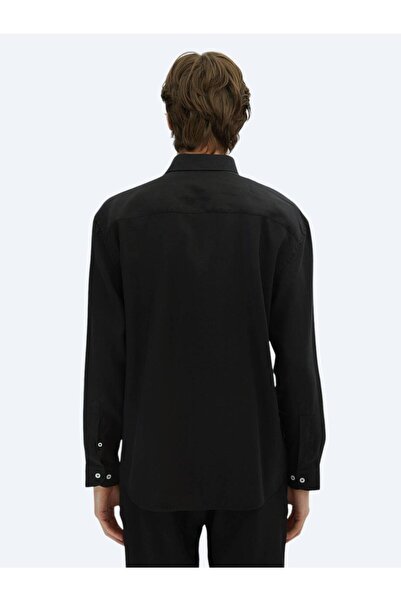 Kip Siyah Düz Oversize Fit Dokuma Casual Gömlek