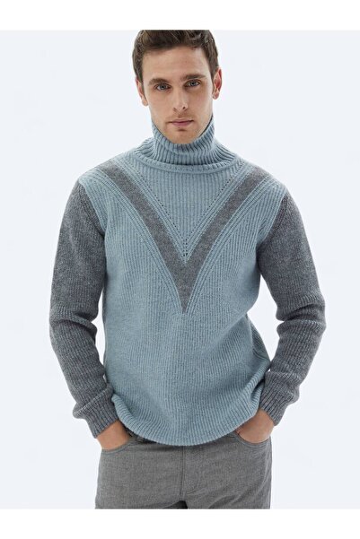 Kip Mint Tam Balıkçı Yaka Desenli Yün Karışımlı Triko Kazak