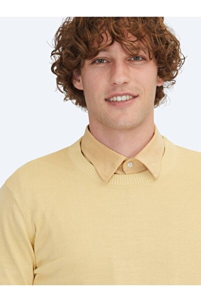 Kip Sarı Bisiklet Yaka Jakarlı Yün Karışımlı Triko Kazak