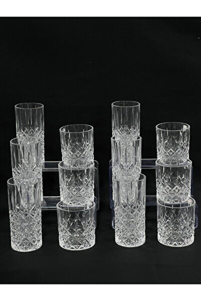 isra kristal Crystal Embossed Glass Cups Set of 12 - 6 Tall and 6 Short Water, Soft Drink and Cocktail Glasses