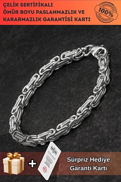 OSMANLI GÜMÜŞ Erkek Çelik Bileklik - 4mm Çelik Kral Zincir Bileklik İnce Model