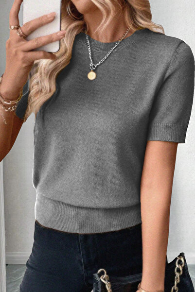 citystyle Short Sleeve Lycra Crew Neck Gray Blouse