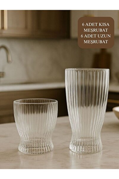 isra kristal Kristal İşlemeli Cam Bardak 12’li Set – 6 Uzun 6 Kısa Su, Meşrub...