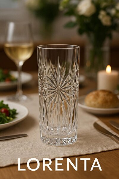 isra kristal Kristal İşlemeli Uzun Cam Meşrubat Bardakları 6 Adet - Şık Desenli Su ve İçecek Bardakları