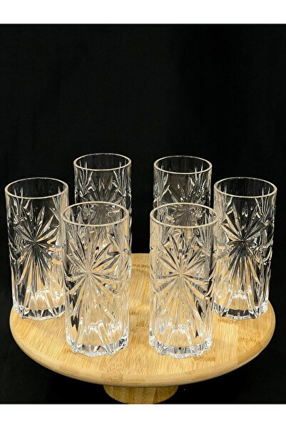 isra kristal Kristal İşlemeli Uzun Cam Meşrubat Bardakları 6 Adet - Şık Desenli Su ve İçecek Bardakları