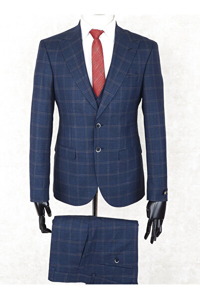 Jan Carlucci Slim Fit Sivri Yaka-Çift Yırtmaç Lacivert Kareli Drop 6 Yelekli Takım Elbise