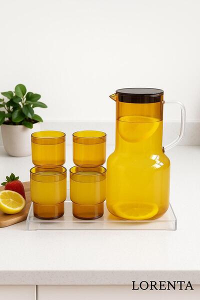 isra kristal Kapaklı Bal Rengi Sürahi ve 4’lü Bardak Takımı – Renkli Su Seti ...