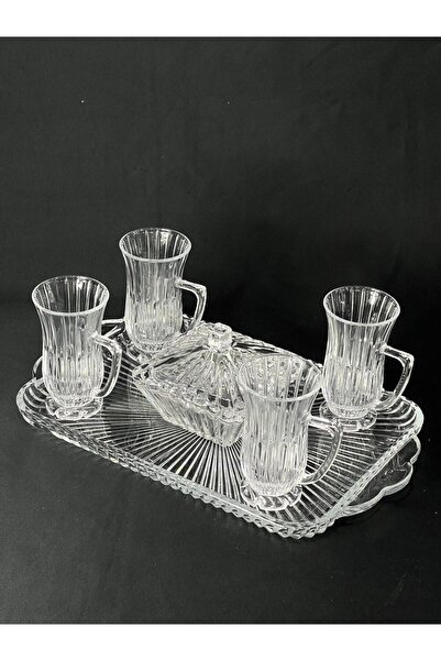 isra kristal Crystal Look Glass Tea Set – Sugar Bowl + Glass Tray + 4 Paşabahçe Tea Cups with Handles (6 Pieces)