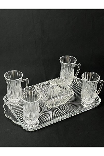 isra kristal Crystal Look Glass Tea Set – Sugar Bowl + Glass Tray + 4 Paşabahçe Tea Cups with Handles (6 Pieces)