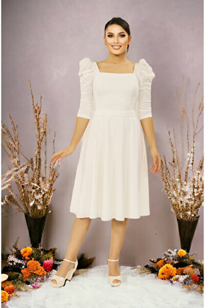 FaBe Fashion Kare Yaka Büzgülü Kollu Kloş Etekli Kemerli Midi Likra Krep Elbise