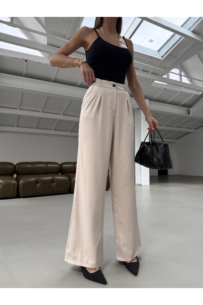 Hersteller Wide Leg High Waist Beige Palazzo Trousers