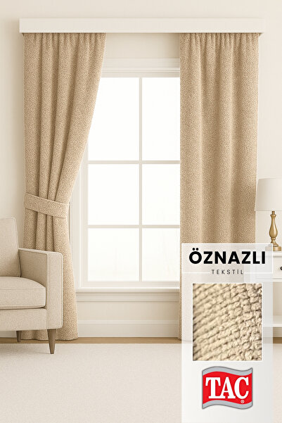 Taç Beige Chenille Textured Background Curtain with Sleeve Tie, Non-Pleated with Extra Foam | Write the Height Measurement as a Question to the Seller.