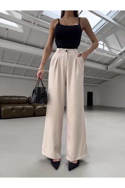 Hersteller Wide Leg High Waist Beige Palazzo Trousers